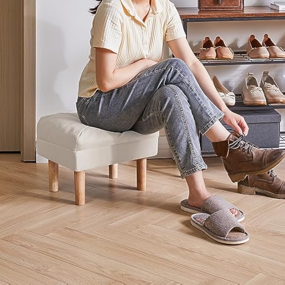 YMYNY Foot Stool, Ottoman Small, Chair with Sponge Padded Seat, Footrest, Shoes Changing Wooden Stool for Living Room, Bedroom, Entryway, 40×29×32CM, Beige HBD023M