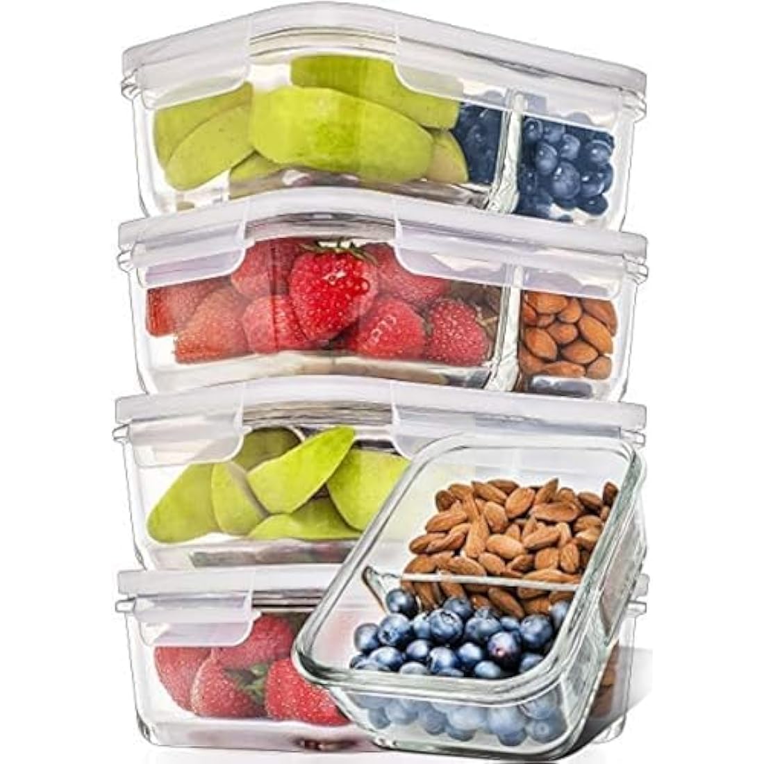 [5-Pack] Food Prep & Storage Glass Containers with Lids - Airtight Glass Meal Prep Containers Reusable (850 Millilitres - 2 Compartment)