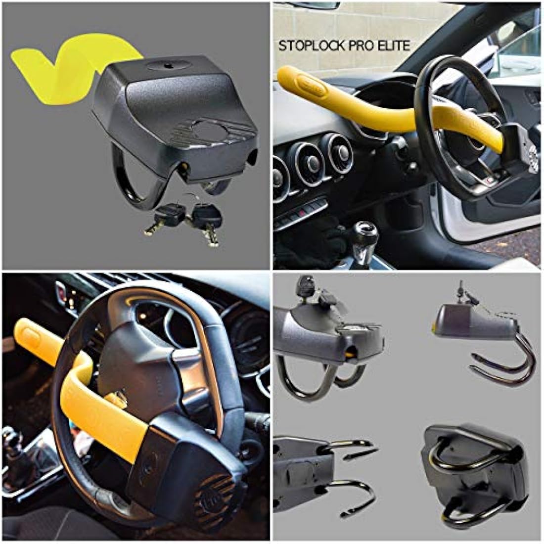Stoplock Pro Elite Car Steering Wheel Lock HG 150-00 - Safe Secure Heavy Duty Anti-Theft Bar - Universal Fit - Includes 2 Keys and Carry Bag, Black/Yellow, 1 Unit
