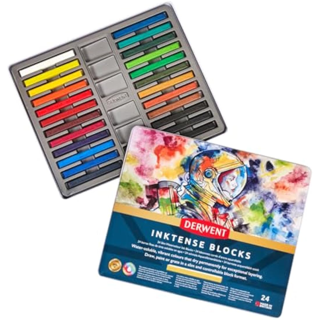 Derwent Inktense Blocks 24 Tin, Set of 24 Water-Colours, 8mm Block, Water-Soluble, Ideal for Drawing, Colouring, Crafts & Painting on Paper & Fabric, Professional Quality (2300443)