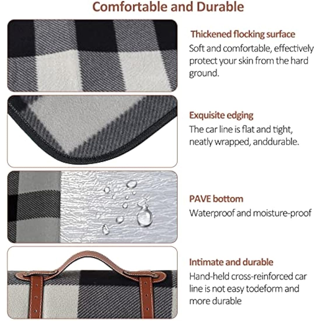 ACTIVE FOREVER Picnic Blanket Portable, 200x200CM Extra Large Waterproof Picnic Mats with Carrying Handle, Outdoor Multipurpose Rugs for Camping, Travel, Park, Beach, Garden, Black Gray Plaid