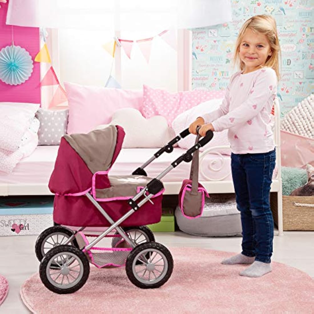 Bayer Design 13078AA Dolls Pram Trendy, stroller, foldable, height-adjustable handle, bag