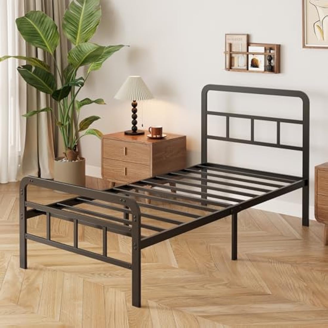 Yicensen Single Bed Frame with Curved Headboard and Footboard 90x190 cm, Black Single Platform Bed with Heavy Metal Slats for Stable Support, No Box Spring Needed, Noise Free, Easy Assembly