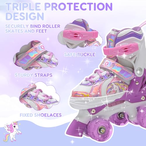 OLYSPM Kids Roller Skates,Roller Boots,4 Sizes Adjustable Quad Skates with 8 Flashing Wheels,Roller Skates for Girls,Boys and Beginner(Purple)