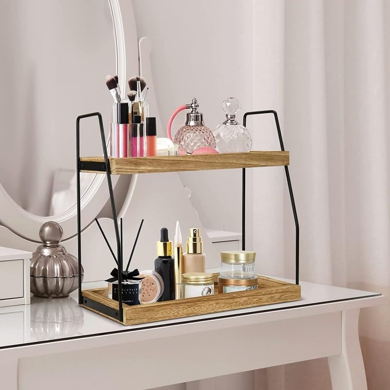 BRAVECOW Coffee Station Organizer, Desktop Table Surface Shelf Stand Wooden Display Storage Rack 2 Tier Condiment, Makeup Tools