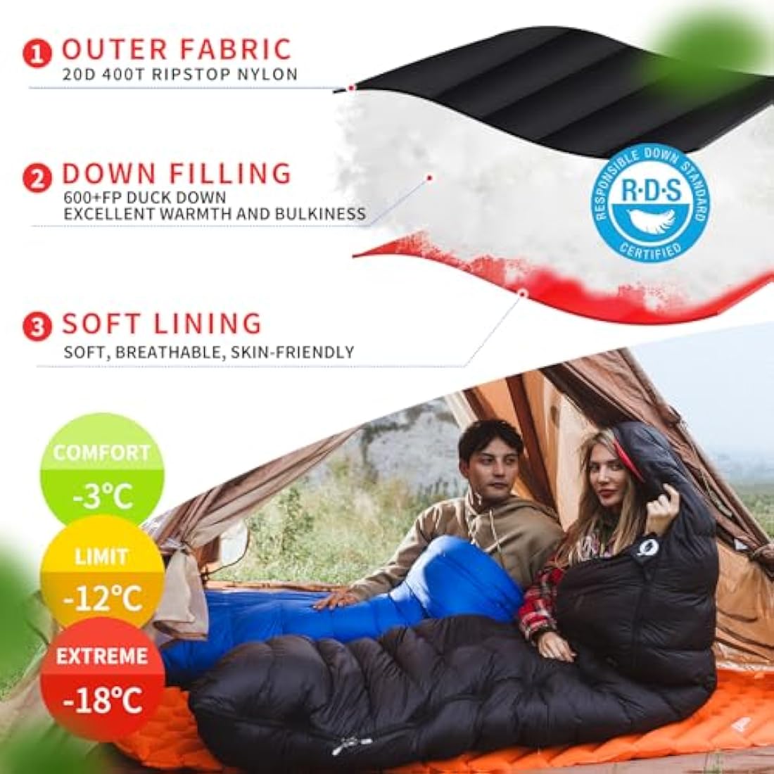 QEZER Down Sleeping Bag,Lightweight Rectangular Winter Sleeping Bag [1180g/1860g] for Adults and Kids 4 Season Camping, Hiking,Warehouse and Moutaineering Outdoor