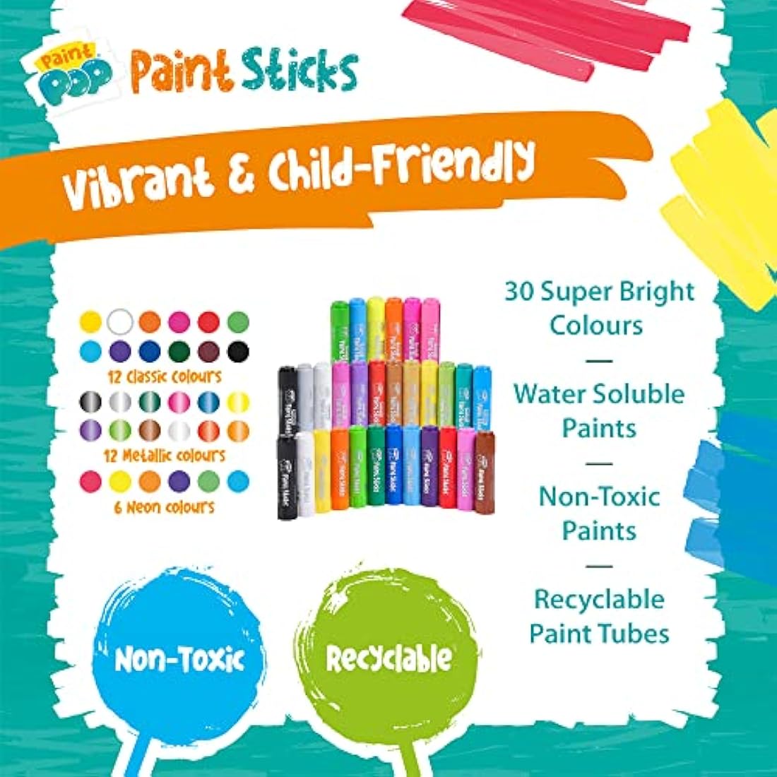 Paint Pop Paint Sticks For Kids - 30 Pack Assorted Colours & Giant Storage Tube - Twist & Paint, Mess-Free, Fast Drying Action, Easy Clean Up, Vibrant Colours, Multi-Surface,0.5 Liters