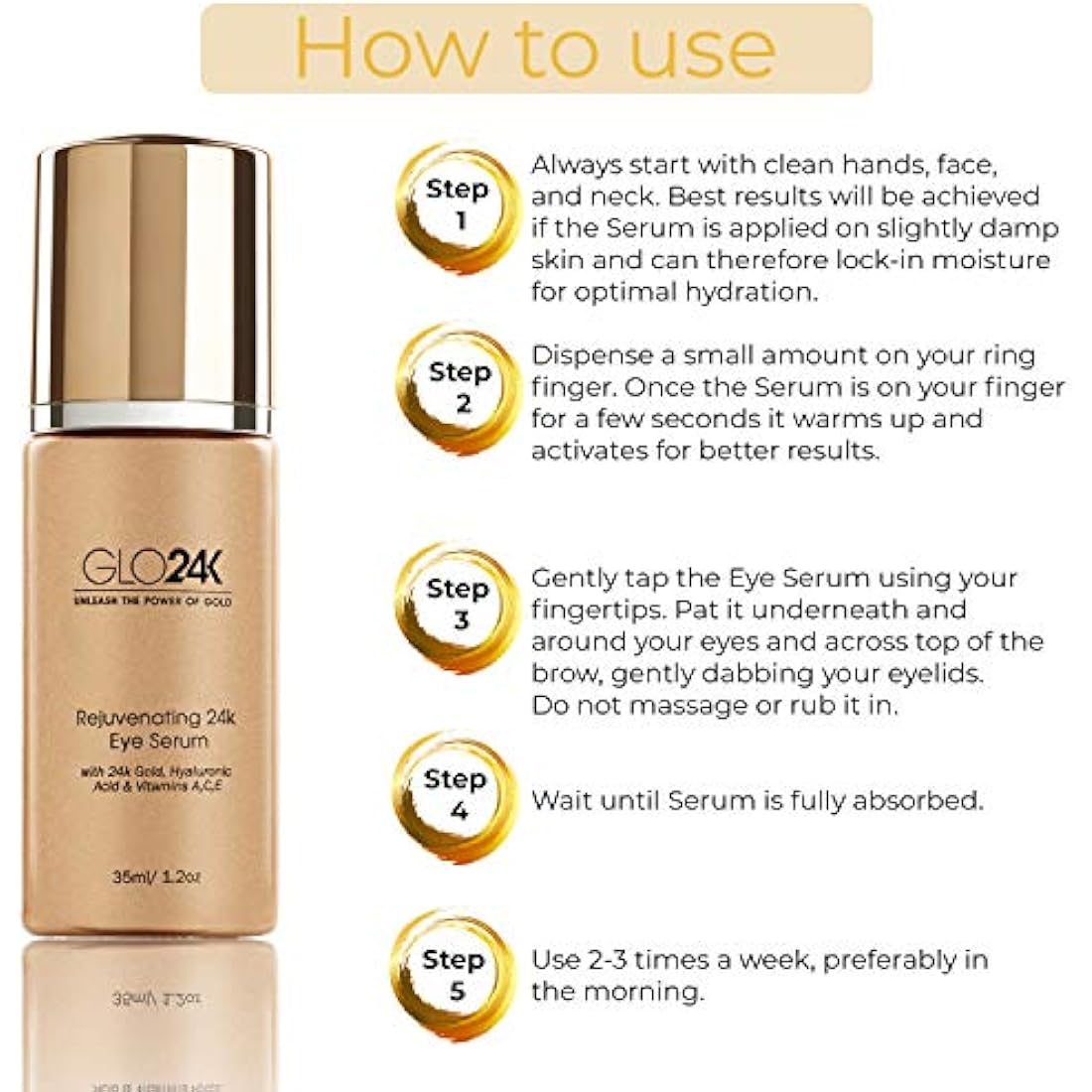 GLO24K Eye Serum with 24k Gold, Anti-Aging Formula with Vitamins and Hyaluronic Acid