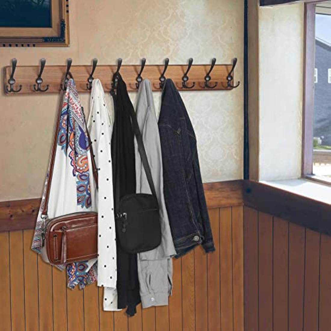 WEBI Coat Rack Wall Mounted,98cm Long,Wood Coat Hooks Wall Mounted,Coat Hanger Wall,Hook Rack Rail,10 Triple Hooks for Hanging Coats,Clothes,Jacket,Hats,Rustic Brown