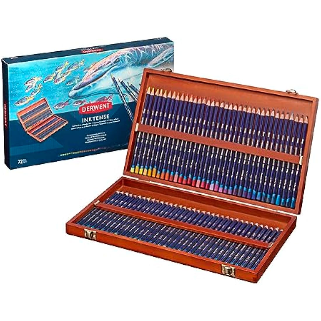 Derwent Inktense Permanent Watercolour Pencils, Set of 72 in a Wooden Gift Box, 4mm Premium Core, Water-Soluble, Ideal for Colouring, Painting and Crafting, Professional Quality (2301844)