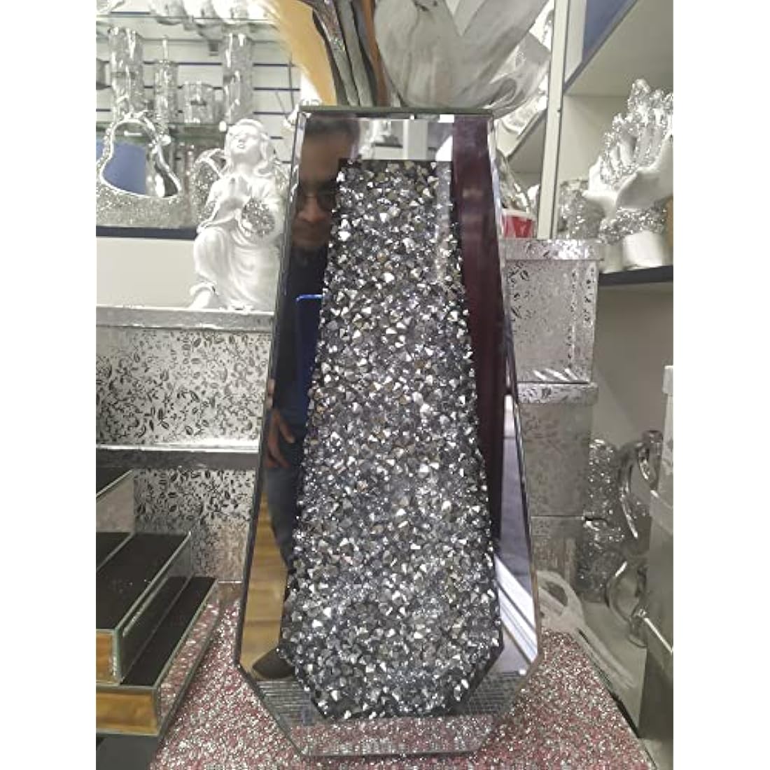 Biznest Large 40Cm Sparkle Diamond Crushed Crystal Sparkly Silver Mirrored Floor Vase Cuffin Shape