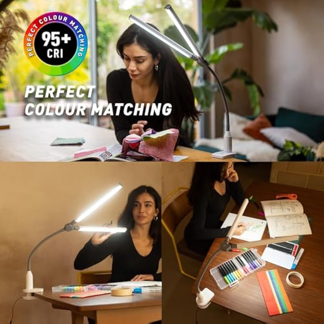 Daylight DuoPro™ Clamp Lamp - High CRI 95+, Double Head Design, LED (6,000K, 2100 Lux), Anti-Glare Shades, 4 Brightness Levels, Flexible Arm, Sturdy Clamp (Grey/White)