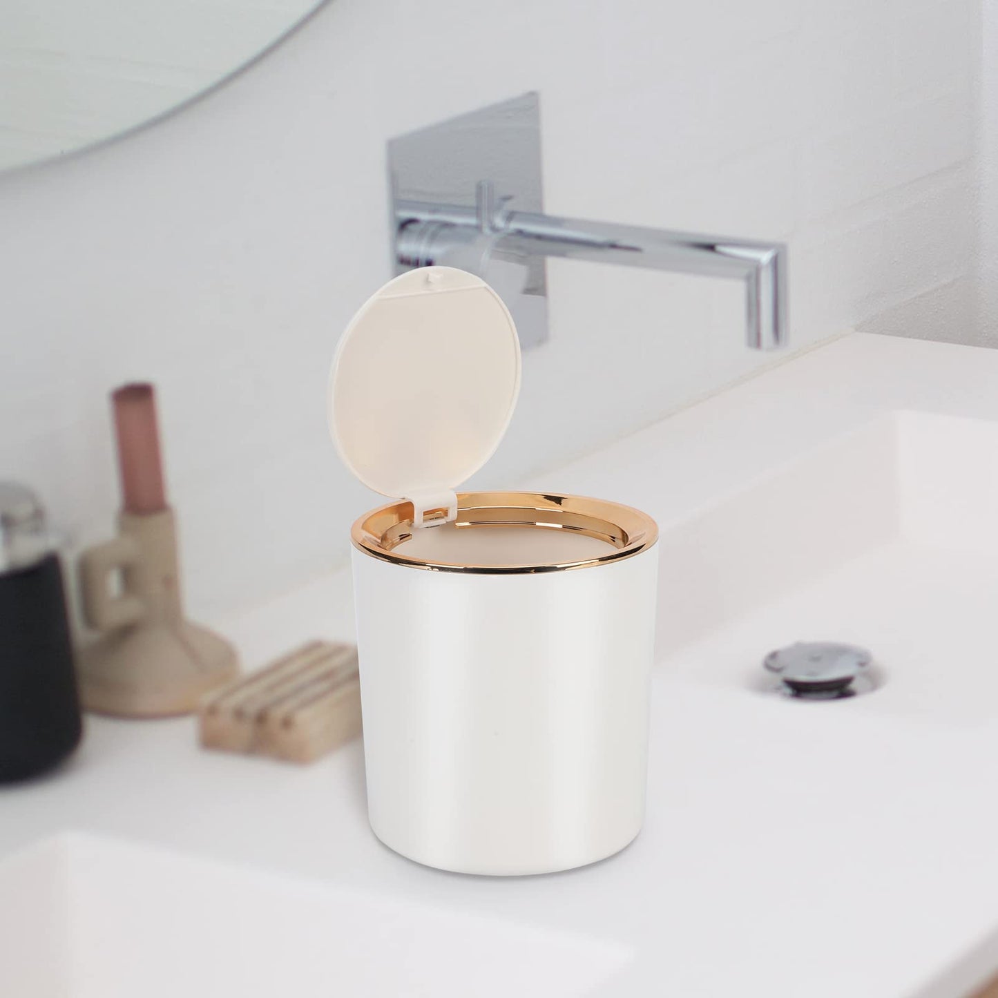 Desk Bin with Lid, Mini Table Trash Can,15 * 14.5cm Portable Small Dustbin for Bathroom Living Room Kitchen Car Dressing Table (Light green)