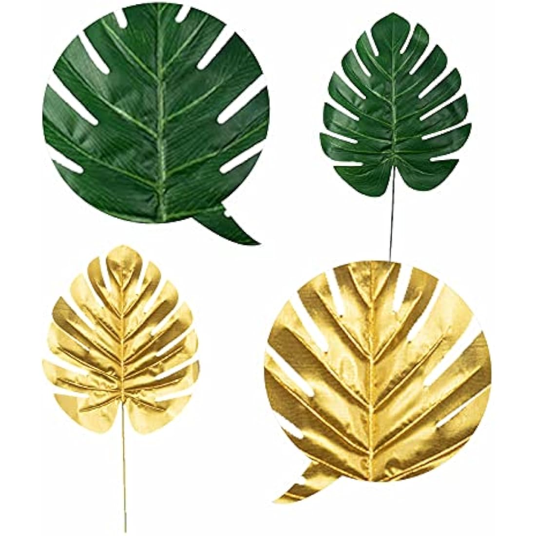 Artificial Palm Leaves, 20 Pcs Faux Monstera Leaves Golden Fake Jungle Leaf Tropical Leave with Stems for Hawaiian Jungle Theme Tropical Party Table Decorations