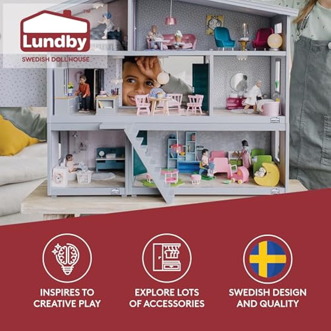 Lundby Dolls House – Expandable Doll House for Boys and Girls – Kids 2 Storey Dollhouse with 4 Rooms, Windows and Colorful Openable Doors