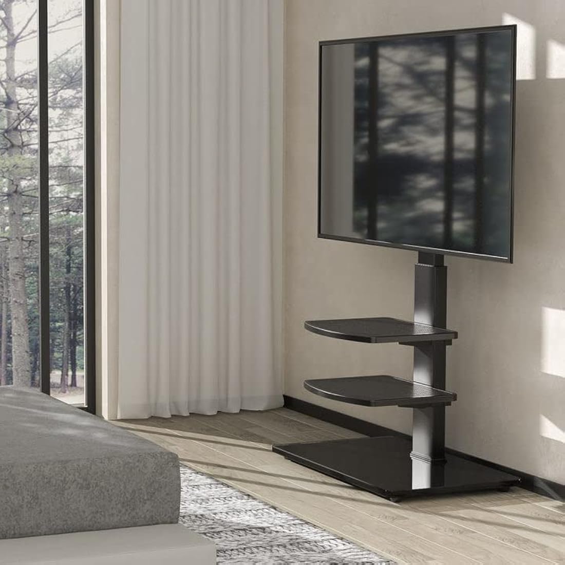 RFIVER Freestanding Swivel Floor TV Stand Tall TV Unit for 32 35 40 42 43 49 50 55 58 60 65 70 inch LCD/LED Flat Curved Screen Height Adjustable with 3-Tier Shelves Max VESA 400x400mm up to 50kgs