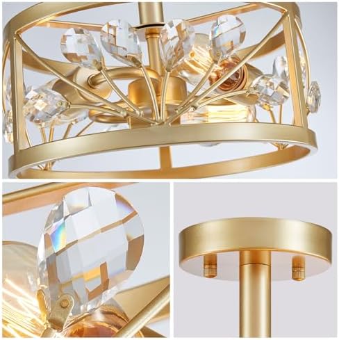 WUZUPS Crystal Leaf Chandelier 3-Light Vintage Farmhouse Industrial Semi-Flush Mount Ceiling Light Modern Lighting Fixture Foyer Hallway Storage Room Kitchen Bathroom, H 22 W 30, Gold