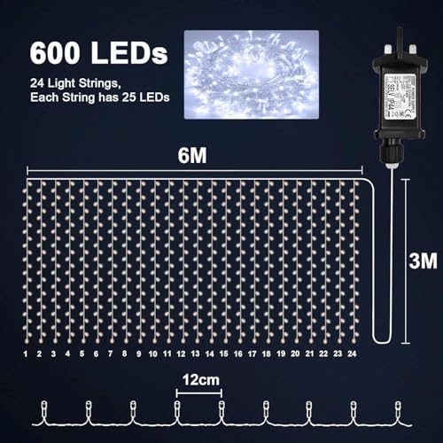 yowin Curtain Lights 600 LED 6m x 3m Gazebo Lights Mains Powered with Timer, 8 Modes Curtain Fairy Light Outdoor Waterproof Wall Hanging Light for Pergola Indoor Bedroom Wedding Decorations - White