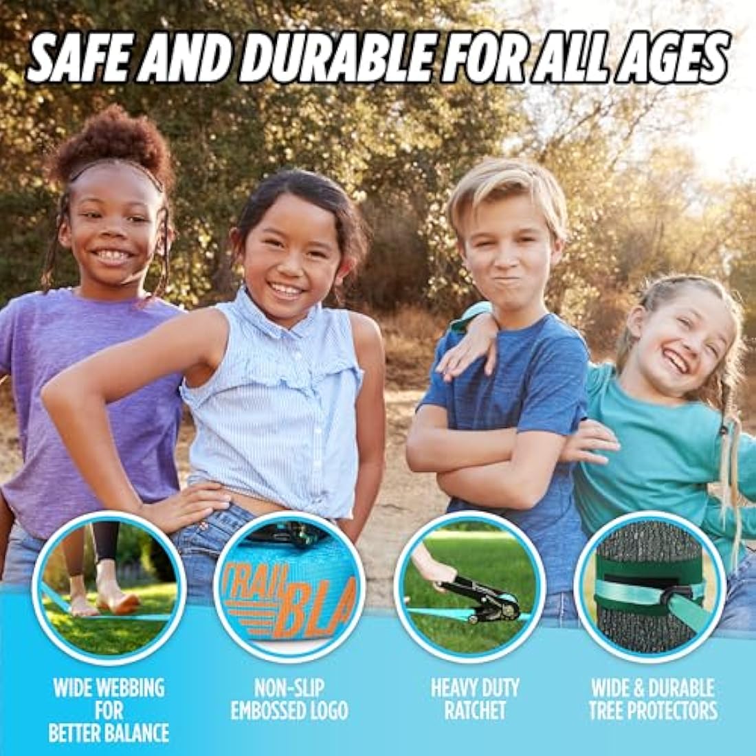 Trailblaze Complete Slackline Kit for Kids with Tree Protectors and Ratchet Cover | Slackline Beginner Kit, Outdoor Tightrope, Easy Setup 18.5m blue