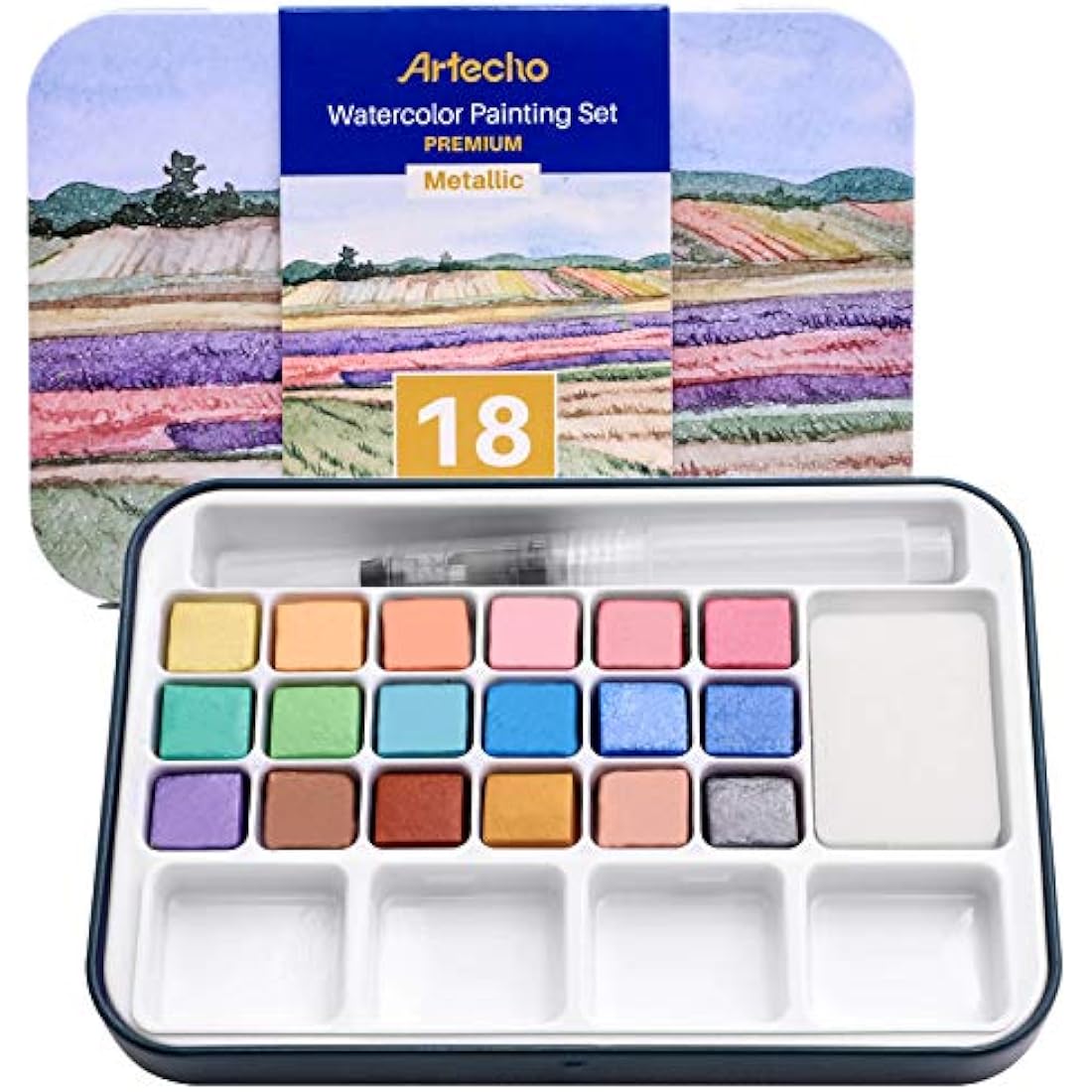 Artecho Watercolour Paint Set,18 Metallic Colors, Watertbrush Pen Included, Lightweight and Portable,Watercolour Paints for Artists and Beginners