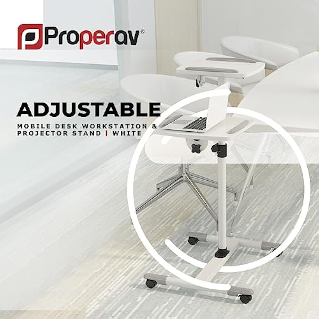 Properav Mobile Desk Workstation & Projector Trolley - White | Moveable On Caster Wheels | Adjustable Height 850-1100mm | 10kg Capacity | For Laptop, Projector, Consoles & More