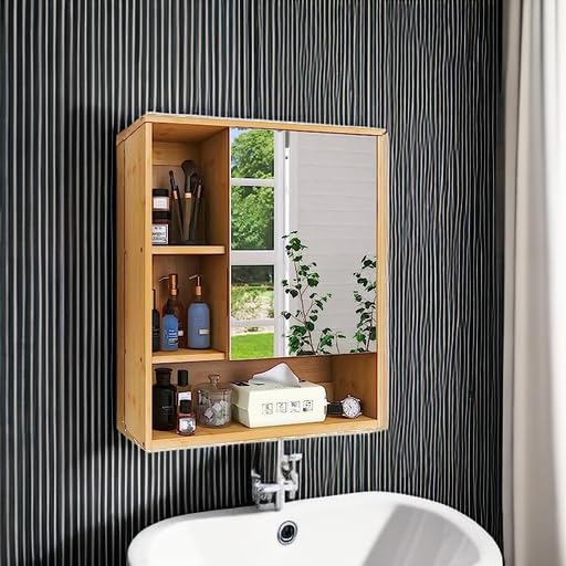 SMIBUY Bathroom Mirror Cabinet Wall Mounted, Bamboo Space Saver Medicine Cabinet, Wall Hanging Over Toilet Storage Cabinet with Mirror Door and
