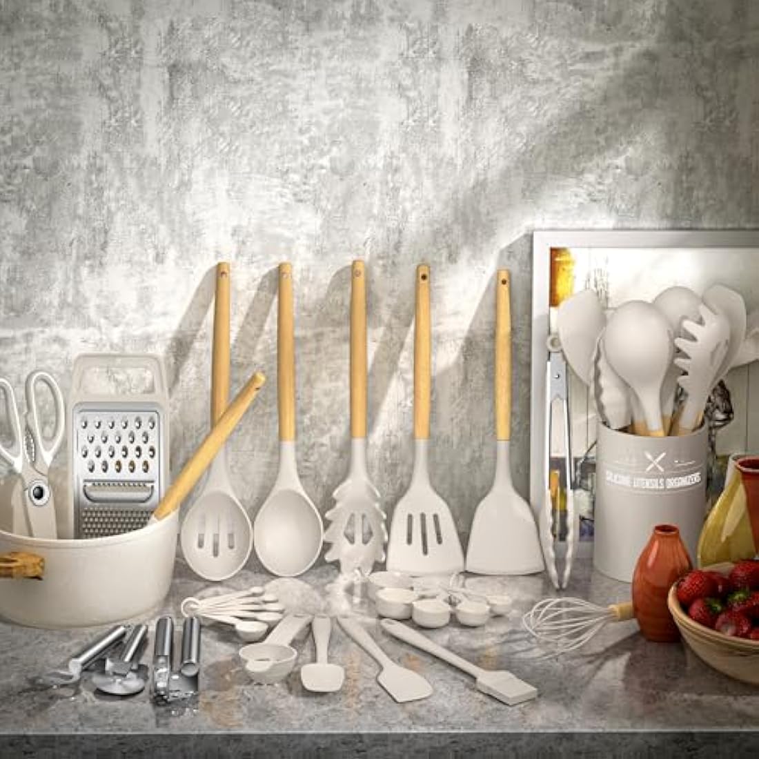 Terlulu Kitchen Utensils Set, 34PCS Silicone Cooking Utensils Set with Wooden Handle, Heat Resistant Silicone Utensil Set, Tongs Spatula Spoon Set for Nonstick Cookware, Kitchen Tools (Khaki)