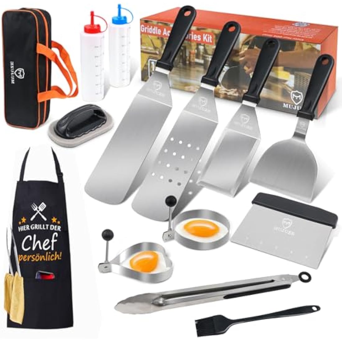 MUJUZE Griddle Accessories Set Stainless Steel Gift for Men Dad,Professional Barbecue Griddle Spatula Set,Flat Top Griddle Accessories in Case,BBQ Tools Set Accessories for Grilling Teppanyaki Camping