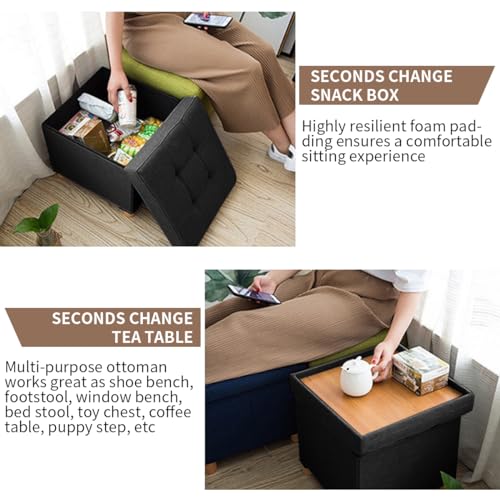 BRIAN & DANY Folding Ottoman Storage Box with Wood Legs, Linen Foot Stool, Footstool with Storage, Highly Elastic Sponge Filling, Black, 38 x 38 x 38