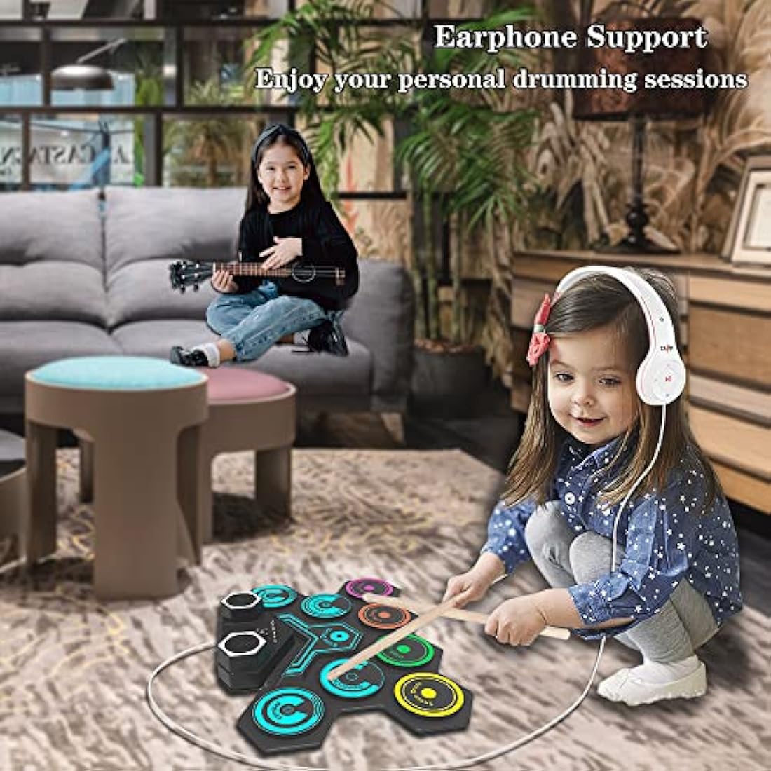 Portable Electric Drum Kit, CNAPXAIA Foldable Kids Drum Pad with Build-in Stereo Speakers, Foot Pedals, Drum Sticks, 9 Pads Silicone Electronic Drum Set for Kids Adult Beginner RAINBOW