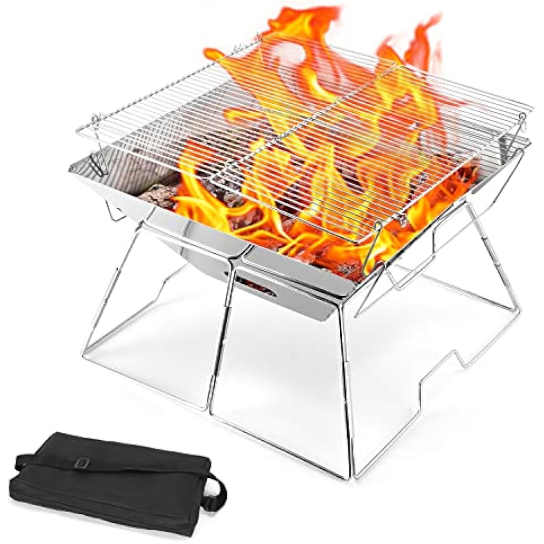 Odoland BBQ Fire Pit Portable Campfire Pit Collapsible Camping Grill Stainless Steel Barbecue for Camping Picnic Terrace Garden w/Carrying Bag L (43 * 43 * 31cm)