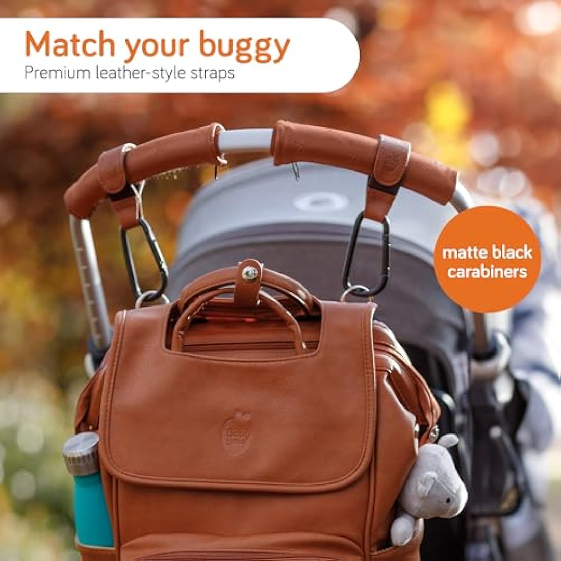 Baby Uma Leather-Style Buggy Clips (2 Pack) - Universal Pram Clips, Non-Slip Buggy Accessories, Carry 5 kg per Carabiner, Baby Travel Essentials (Camel)