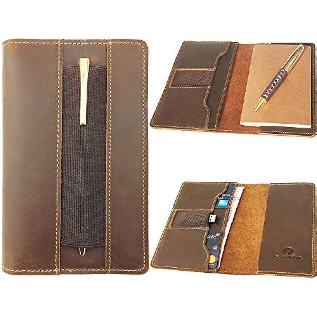 Leather Field Notes Cover, Moleskine Cahier Journal Cover | Handmade Vintage Leather Cover for 3.5" x 5.5" Brown Pocket Field Notebook & Small Notepad | Incl Pen + Field Note Booklet pen card holder
