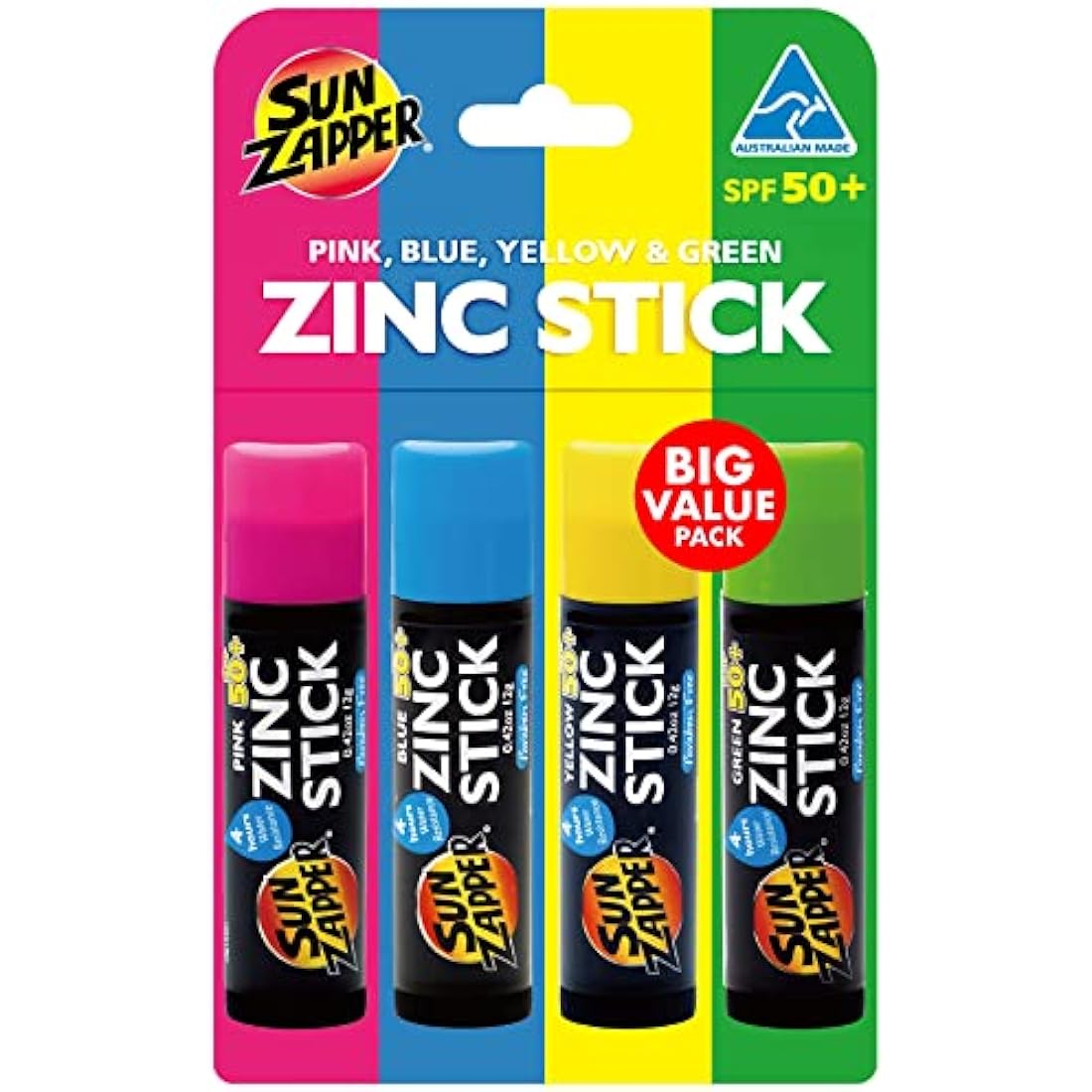 Sun Zapper Zinc Stick - Pink, Blue, Green, Yellow Face Sunblock Rainbow 4-Pack SPF50+ Coloured Zinc Sunscreen Sticks Made in Australia