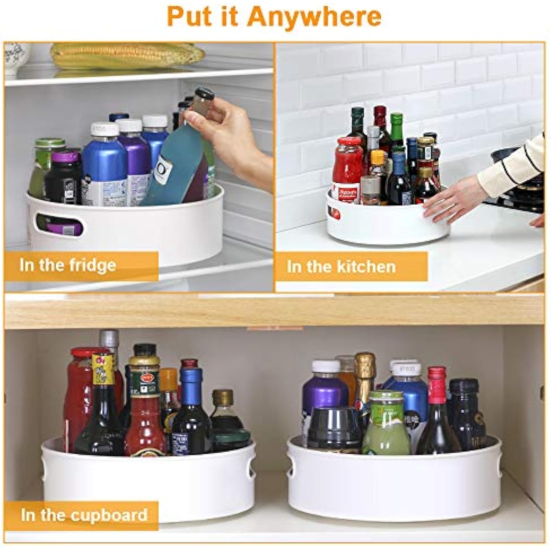 Semlos 2 Packs Lazy Susan Turntable Cupboard Organizers, Multi-Functional Spice Rack for Kitchen Storage, Revolving Condiment Holders, Non-Slip Storage Racks 9", Grey White