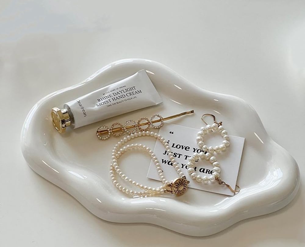 NatureMan Ceramic Jewelry Dish,Jewelry Tray Trinket Dish,Irregular Cloud Shape Decorative Jewelry Plate Holder Room Decor Aesthetic Gift (White)