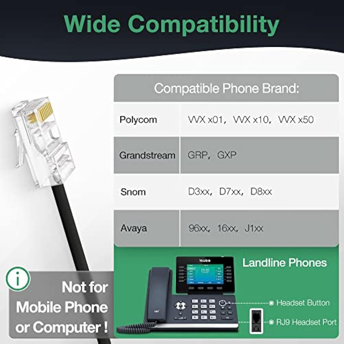 Yealink Phone Headsets for Office Phones YHS34 Lite QD to RJ9 Wired Headset Compatible with Poly Avaya Snom Grandstream Phones Desk Landline Headset with Microphone -Mono/72g/2.1m Cable