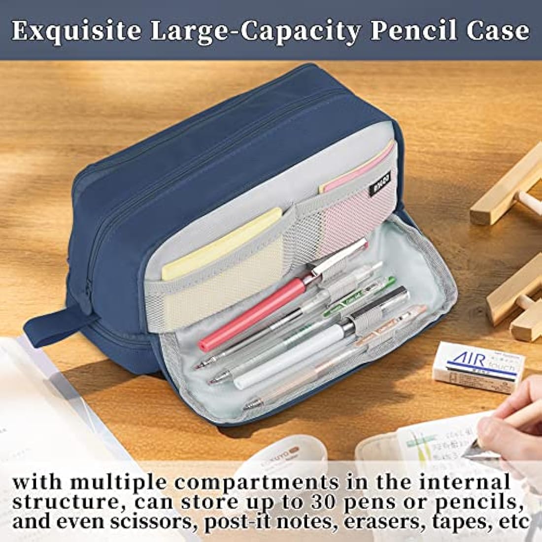Tesmien Pencil Case, Large Pencil Case with 4 Compartments Stationery Organizer for Boys and Girls, Aesthetic Pencil Bag Suitable for Kids Teenagers Students Women Men, Dark Blue