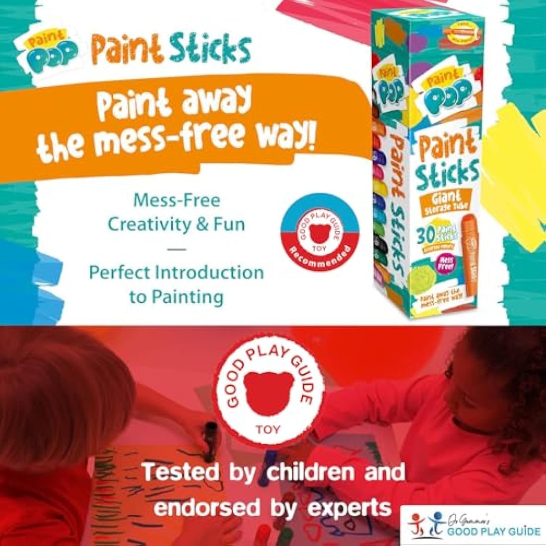 Paint Pop Paint Sticks For Kids - 30 Pack Assorted Colours & Giant Storage Tube - Twist & Paint, Mess-Free, Fast Drying Action, Easy Clean Up, Vibrant Colours, Multi-Surface,0.5 Liters