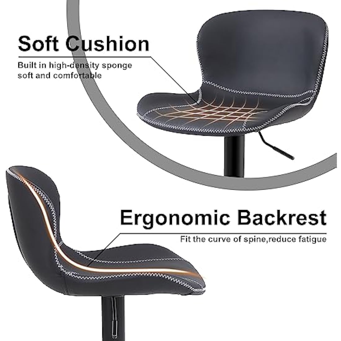 Youhauchair Bar Stools Set of 2, PU Leather Counter Height Barstools with Back, Height Adjustable Swivel Bar Chairs, Modern Armless Kitchen Island Stool, Black