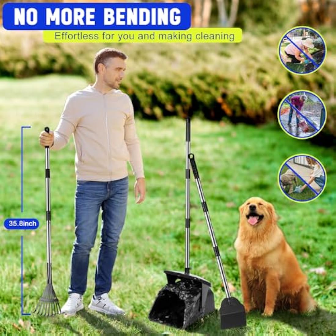 YGNNXRN Dog Poop Scooper with 20 Bag Attachment Long Handle Swivel Bin, Rake & Spade Heavy Duty Easy to Clean Pooper Scooper for Large Medium Dogs Pet Waste Removal Solution for Yard, Grass, Gravel