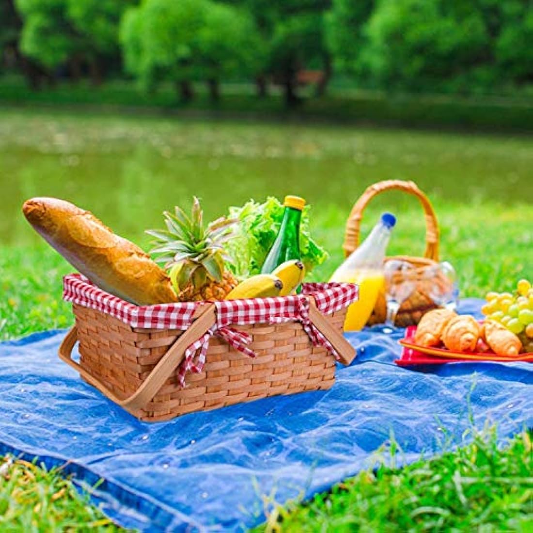Bekith Picnic Basket Natural Split Shopping Storage Basket Woven Hamper Storage with Double Folding Handles, Pink Lining