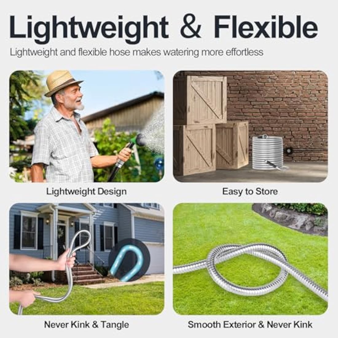 SPECILITE 100ft 304 Stainless Steel Garden Hose, Heavy Duty Flexible Metal Water Pipe with 2 Nozzles for Yard, Outdoor,No Kink and Tangle,Puncture Resistant
