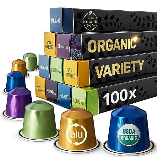 Real Coffee Organic Variety Pack | 4 Different Varieties | 100 Nespresso Compatible Aluminium Pods | Explorer Pack