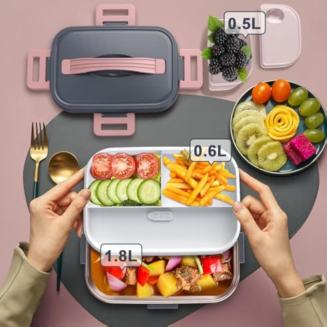 SOOOEC Electric Heated Lunch Box 100W - 3-in-1 1.8L Super Fast Portable Lunch Boxes Food Heater for Adults,12V/24V/110-220V Heating Lunch Box for Car Truck Office Home with Leak-Proof Compartment Lid