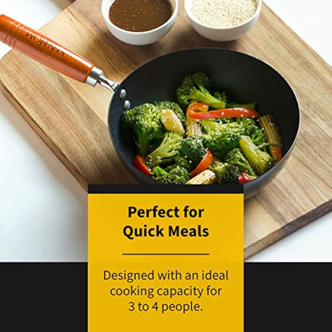 Ken Hom Carbon Steel Wok, 31cm, Classic, Non-Induction/Wooden Handle/Flat Base Pan, Includes 1 x Chinese Wok Pan, KH331001