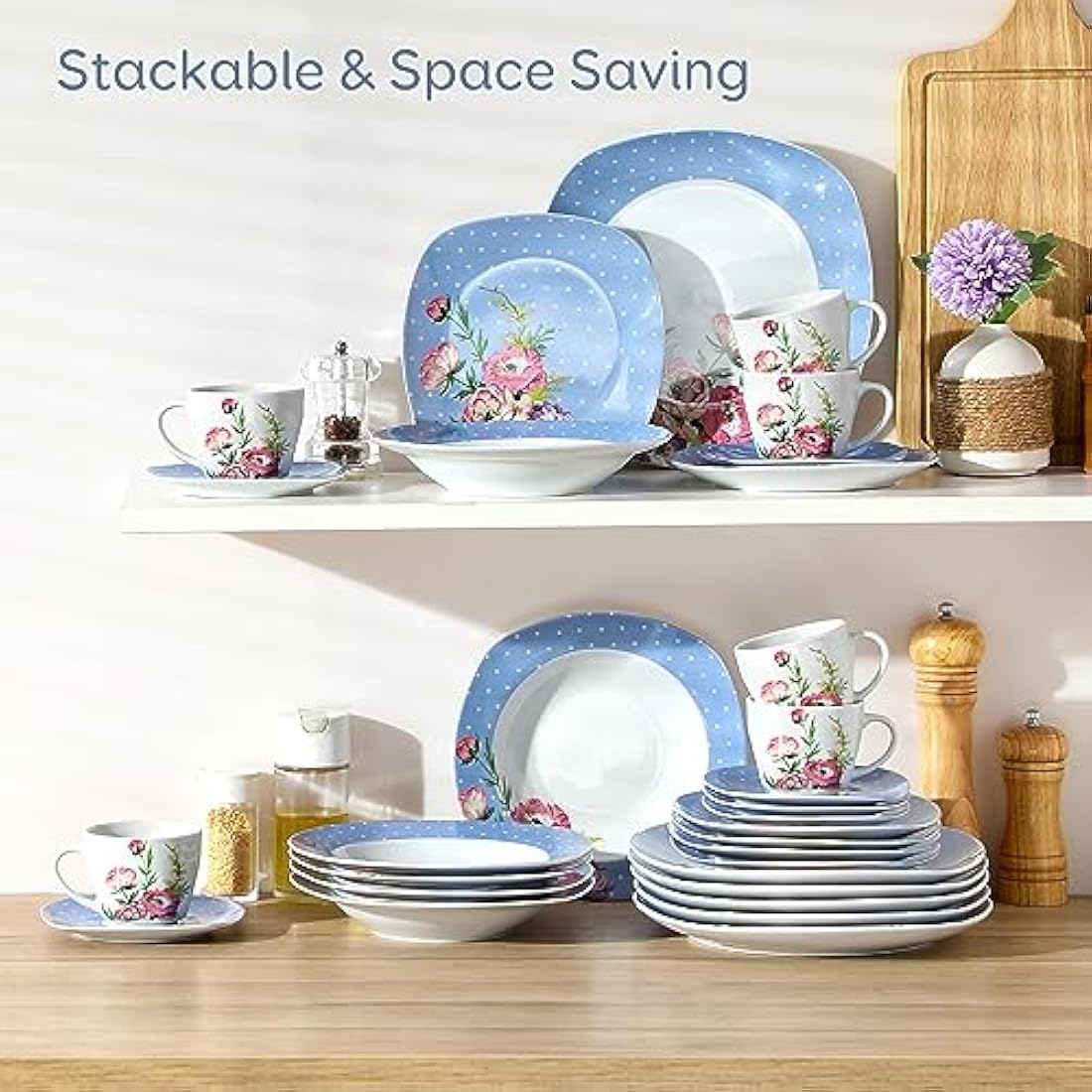 VEWEET 'Hannah' 30-Piece Dinner Set Blue White Dots Pink Flower Porcelain Pattern Combination Set with Dessert Plates Soup Plates Dinner Plates Cups Saucers Service for 6