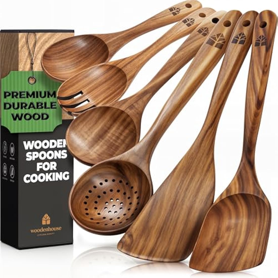 Wooden Utensil Set - 6 Pcs Teak Wooden Spoon Kitchen Utensils Set - Cooking, Mixing, Serving, Slotted Spoons, Salad Fork, Cooking Spatula, Non-Stick & Heat Resistant Kitchen Accessories