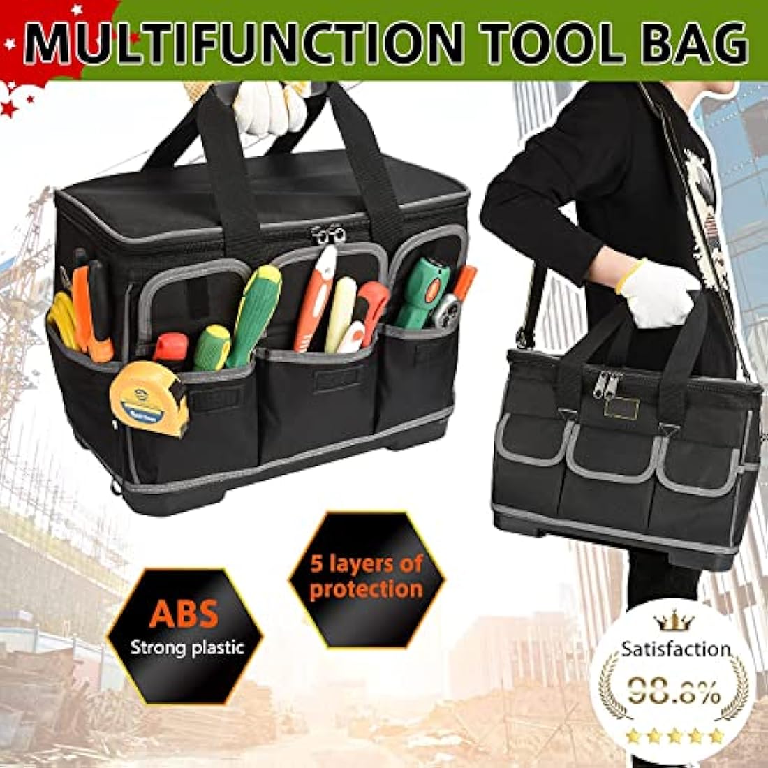 Noosverl Tool Bag, Multifunctional Rigid Tool Bag Organiser Toolcase with Adjustable Shoulder, Black, 40 x 23 x 28 cm,electrician tool bag