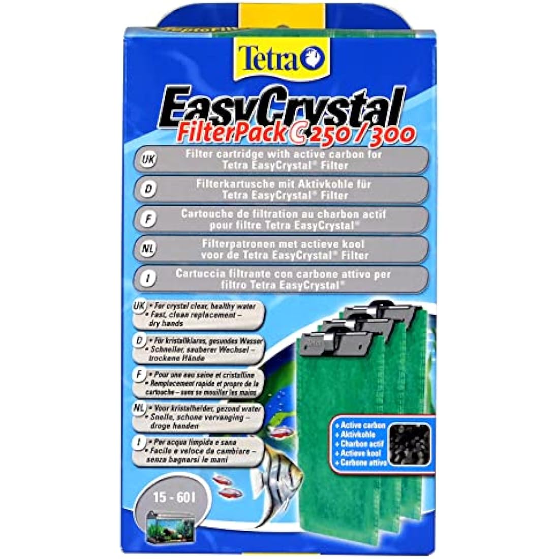 Tetra EasyCrystal Filter Pack C250/300 filter material with activated carbon, filter pads for EasyCrystal internal filters, suitable for aquariums from 15-60 liters, 3 pieces, Green